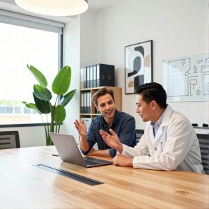 A professional web designer collaborating with a scientist in a modern conference room